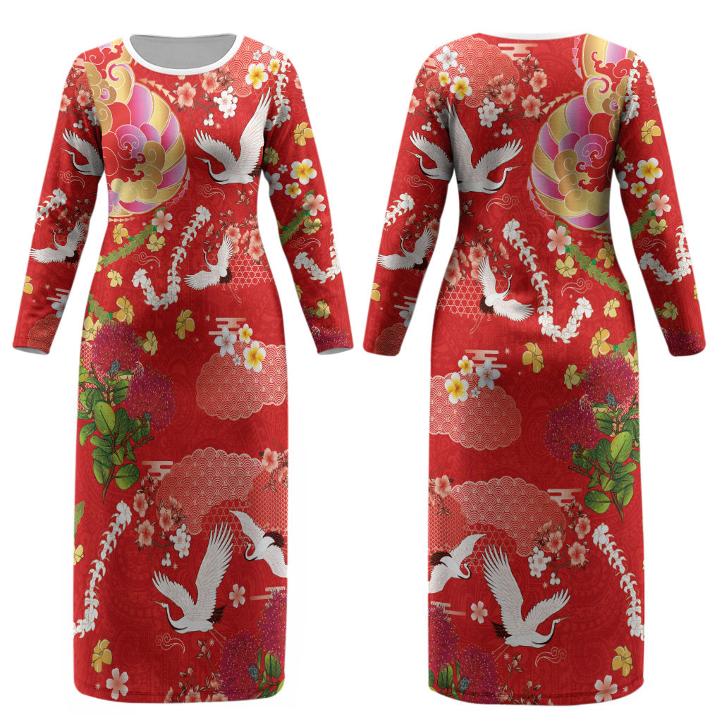 Hawaiian and Japanese Culture Together Couples Matching Long Sleeve Bodycon Dress and Long Sleeve Button Shirt Kakau Tribal Pattern and Irezumi Art Red Color