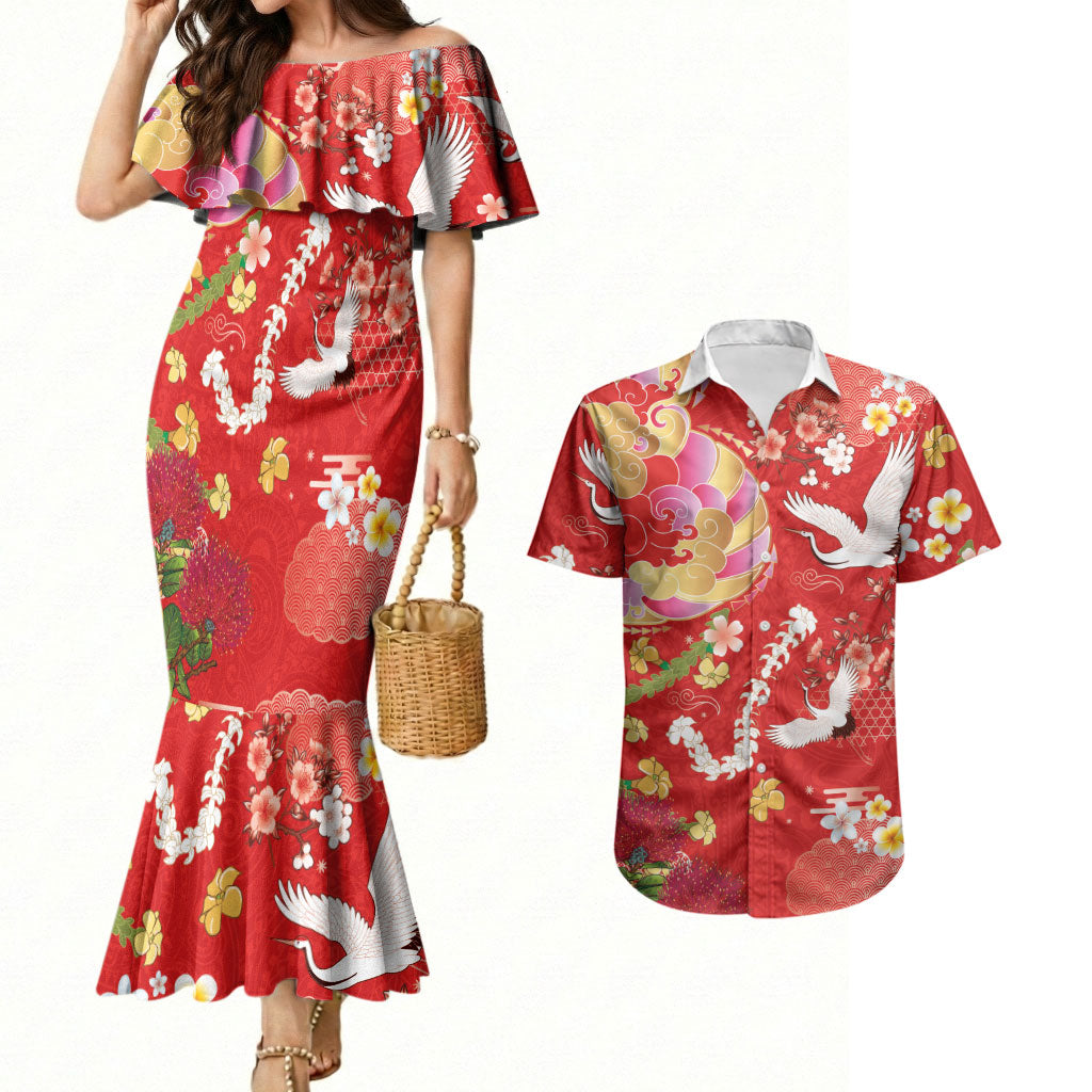 Hawaiian and Japanese Culture Together Couples Matching Mermaid Dress and Hawaiian Shirt Kakau Tribal Pattern and Irezumi Art Red Color LT03 Red - Polynesian Pride