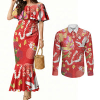 Hawaiian and Japanese Culture Together Couples Matching Mermaid Dress and Long Sleeve Button Shirt Kakau Tribal Pattern and Irezumi Art Red Color