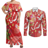 Hawaiian and Japanese Culture Together Couples Matching Off Shoulder Maxi Dress and Long Sleeve Button Shirt Kakau Tribal Pattern and Irezumi Art Red Color