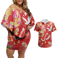 Hawaiian and Japanese Culture Together Couples Matching Off Shoulder Short Dress and Hawaiian Shirt Kakau Tribal Pattern and Irezumi Art Red Color