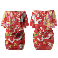 Hawaiian and Japanese Culture Together Couples Matching Off Shoulder Short Dress and Long Sleeve Button Shirt Kakau Tribal Pattern and Irezumi Art Red Color