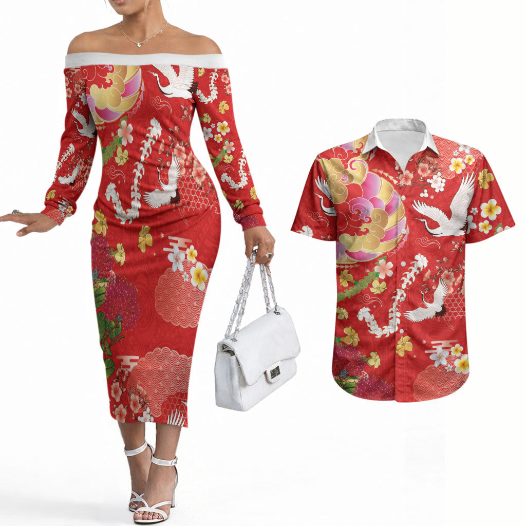 Hawaiian and Japanese Culture Together Couples Matching Off The Shoulder Long Sleeve Dress and Hawaiian Shirt Kakau Tribal Pattern and Irezumi Art Red Color LT03 Red - Polynesian Pride