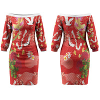 Hawaiian and Japanese Culture Together Couples Matching Off The Shoulder Long Sleeve Dress and Hawaiian Shirt Kakau Tribal Pattern and Irezumi Art Red Color