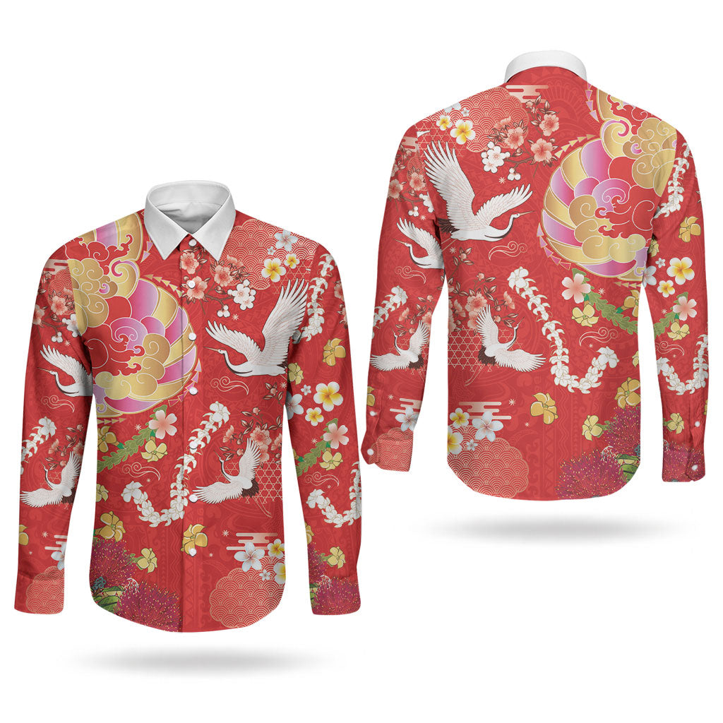 Hawaiian and Japanese Culture Together Couples Matching Puletasi and Long Sleeve Button Shirt Kakau Tribal Pattern and Irezumi Art Red Color