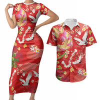 Hawaiian and Japanese Culture Together Couples Matching Short Sleeve Bodycon Dress and Hawaiian Shirt Kakau Tribal Pattern and Irezumi Art Red Color