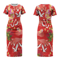 Hawaiian and Japanese Culture Together Couples Matching Short Sleeve Bodycon Dress and Hawaiian Shirt Kakau Tribal Pattern and Irezumi Art Red Color