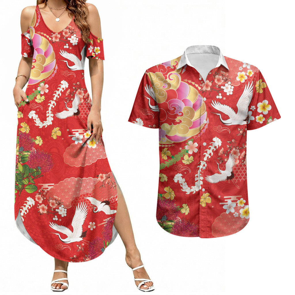 Hawaiian and Japanese Culture Together Couples Matching Summer Maxi Dress and Hawaiian Shirt Kakau Tribal Pattern and Irezumi Art Red Color