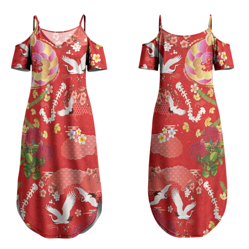 Hawaiian and Japanese Culture Together Couples Matching Summer Maxi Dress and Hawaiian Shirt Kakau Tribal Pattern and Irezumi Art Red Color