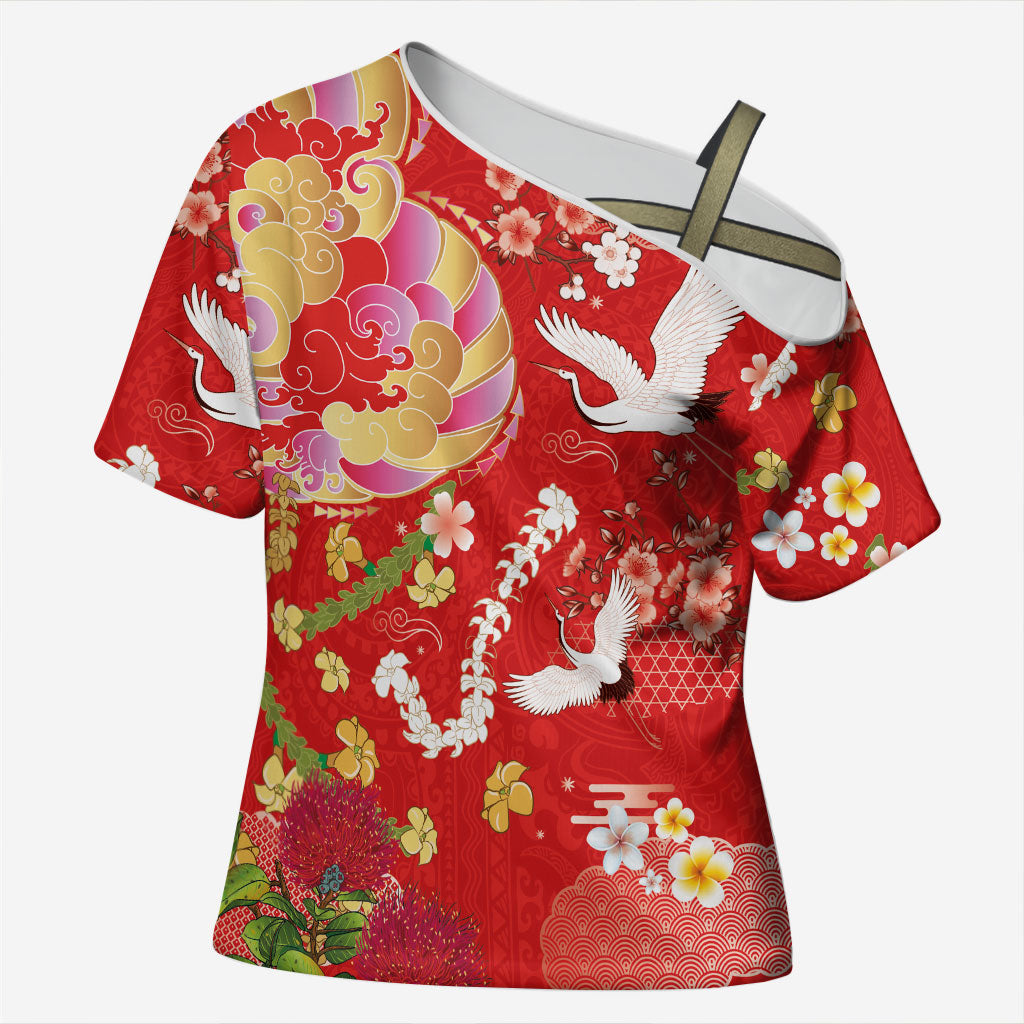 Hawaiian and Japanese Culture Together Cross Shoulder Shirt Kakau Tribal Pattern and Irezumi Art Red Color