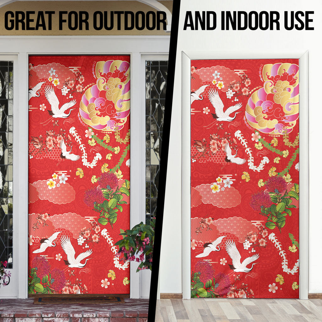 Hawaiian and Japanese Culture Together Door Cover Kakau Tribal Pattern and Irezumi Art Red Color