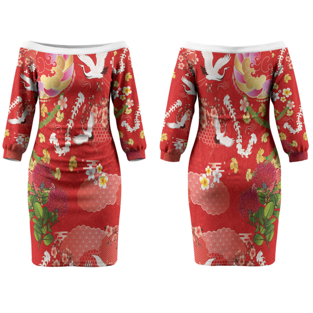 Hawaiian and Japanese Culture Together Family Matching Off The Shoulder Long Sleeve Dress and Hawaiian Shirt Kakau Tribal Pattern and Irezumi Art Red Color