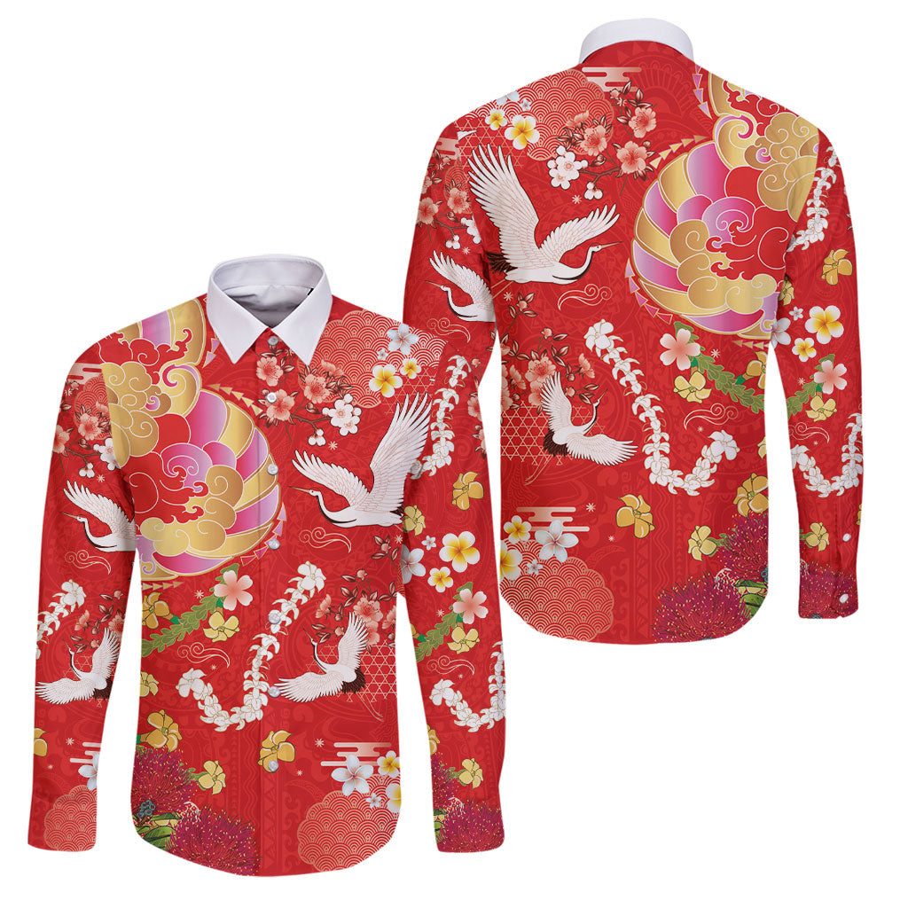 Hawaiian and Japanese Culture Together Family Matching Off The Shoulder Long Sleeve Dress and Hawaiian Shirt Kakau Tribal Pattern and Irezumi Art Red Color