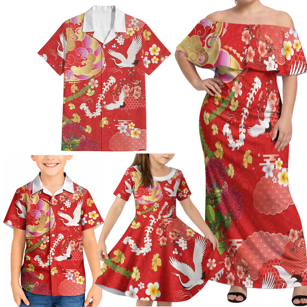Hawaiian and Japanese Culture Together Family Matching Off Shoulder Maxi Dress and Hawaiian Shirt Kakau Tribal Pattern and Irezumi Art Red Color