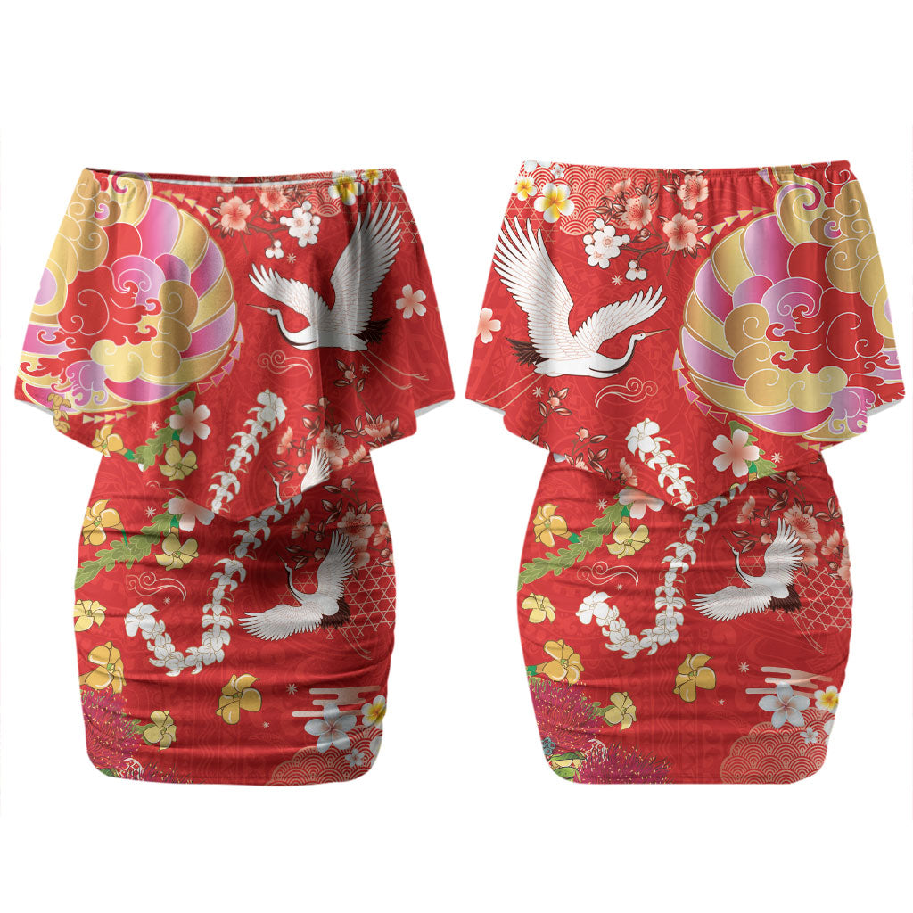 Hawaiian and Japanese Culture Together Family Matching Off Shoulder Short Dress and Hawaiian Shirt Kakau Tribal Pattern and Irezumi Art Red Color