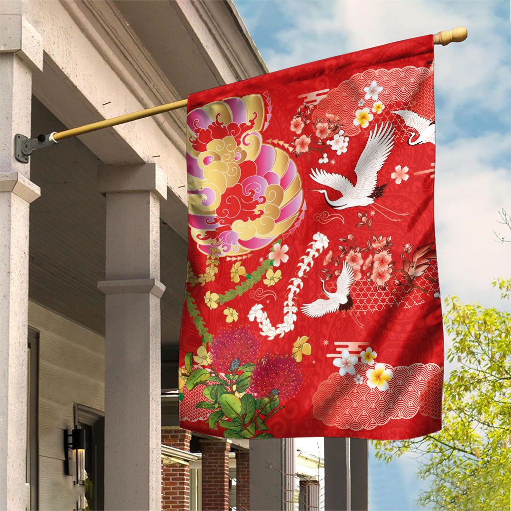 Hawaiian and Japanese Culture Together Garden Flag Kakau Tribal Pattern and Irezumi Art Red Color