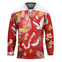 Hawaiian and Japanese Culture Together Hockey Jersey Kakau Tribal Pattern and Irezumi Art Red Color