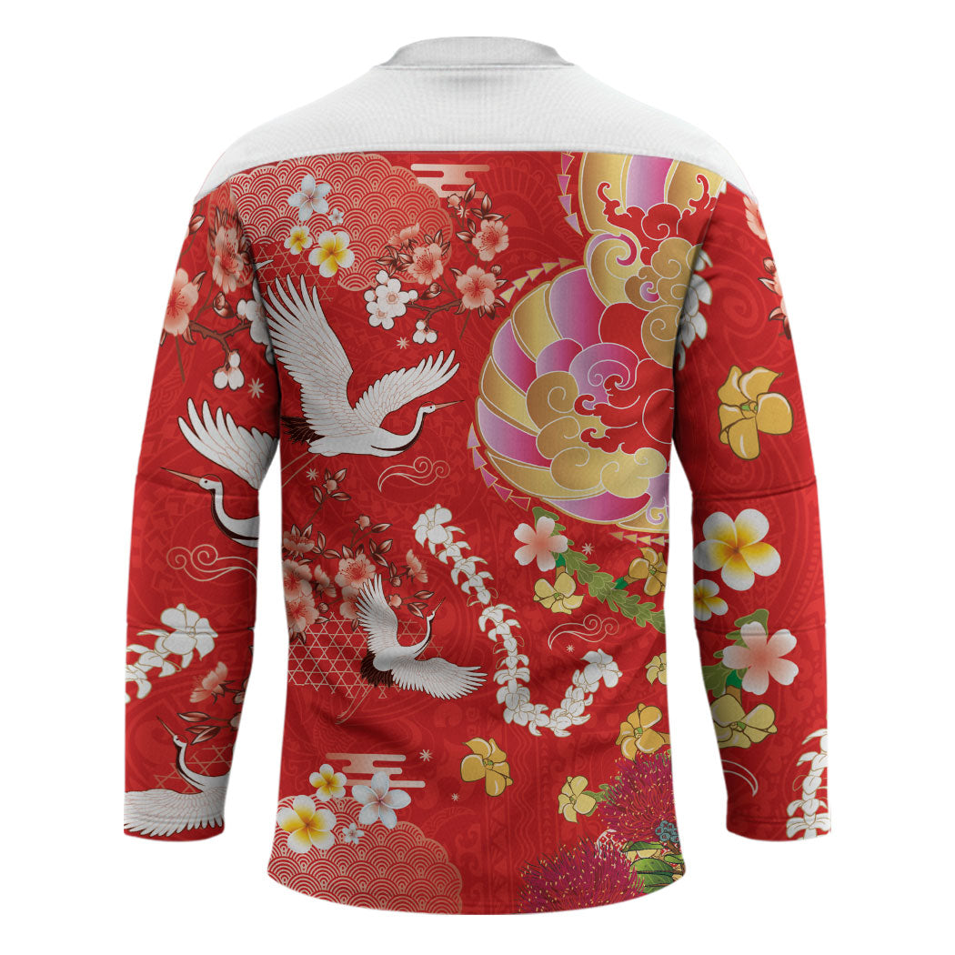 Hawaiian and Japanese Culture Together Hockey Jersey Kakau Tribal Pattern and Irezumi Art Red Color