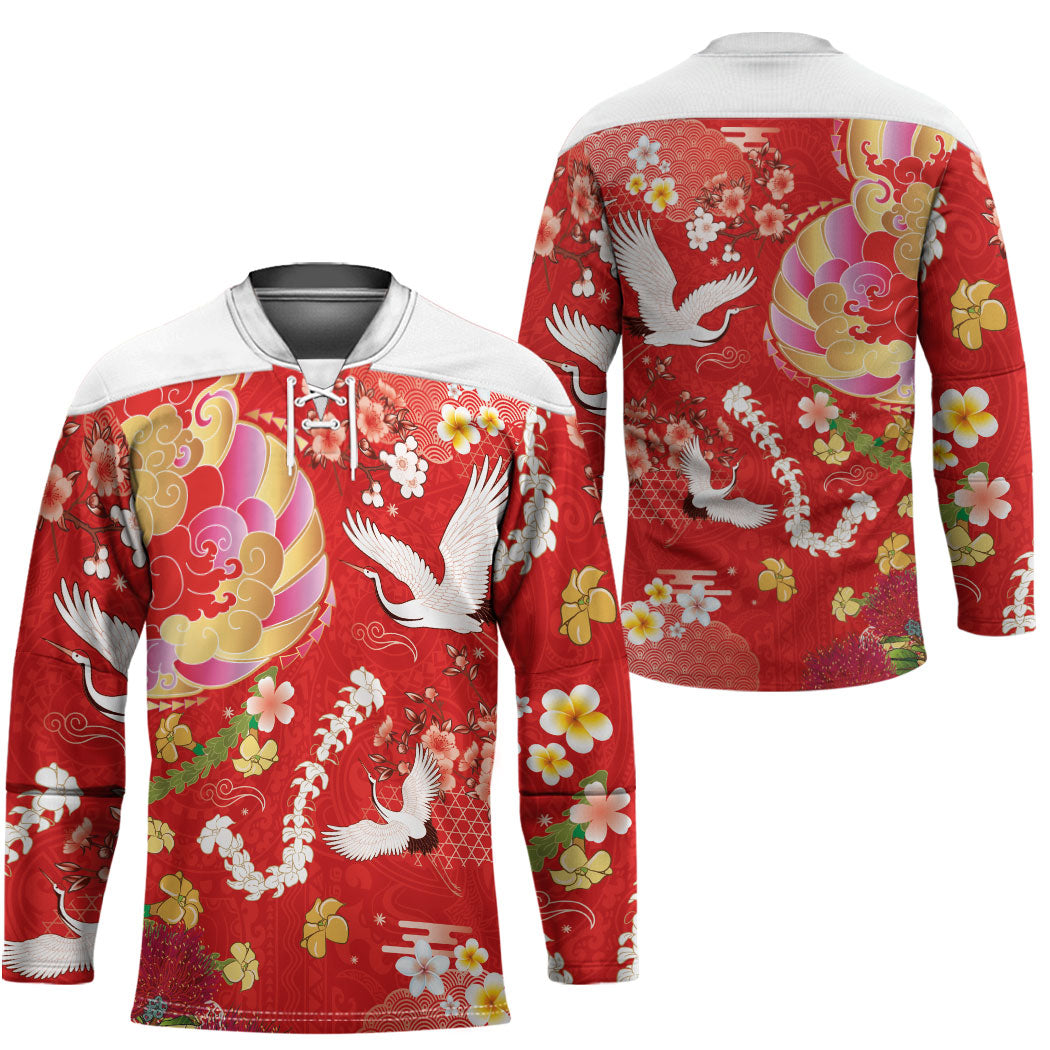 Hawaiian and Japanese Culture Together Hockey Jersey Kakau Tribal Pattern and Irezumi Art Red Color