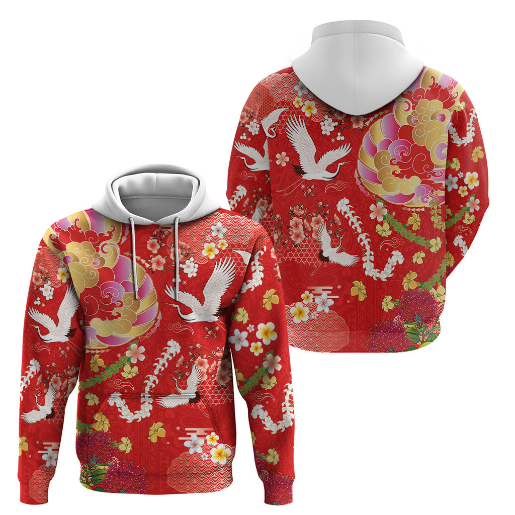 Hawaiian and Japanese Culture Together Hoodie Kakau Tribal Pattern and Irezumi Art Red Color