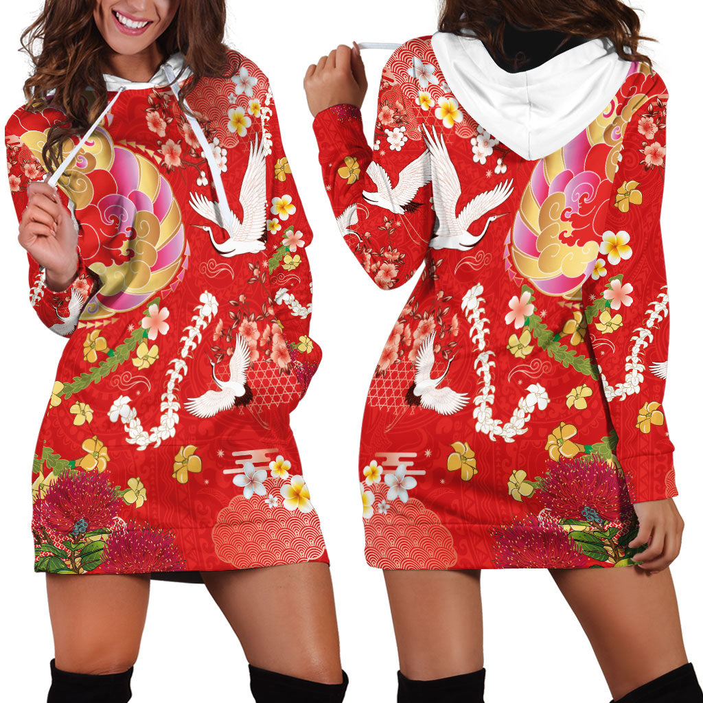 Hawaiian and Japanese Culture Together Hoodie Dress Kakau Tribal Pattern and Irezumi Art Red Color