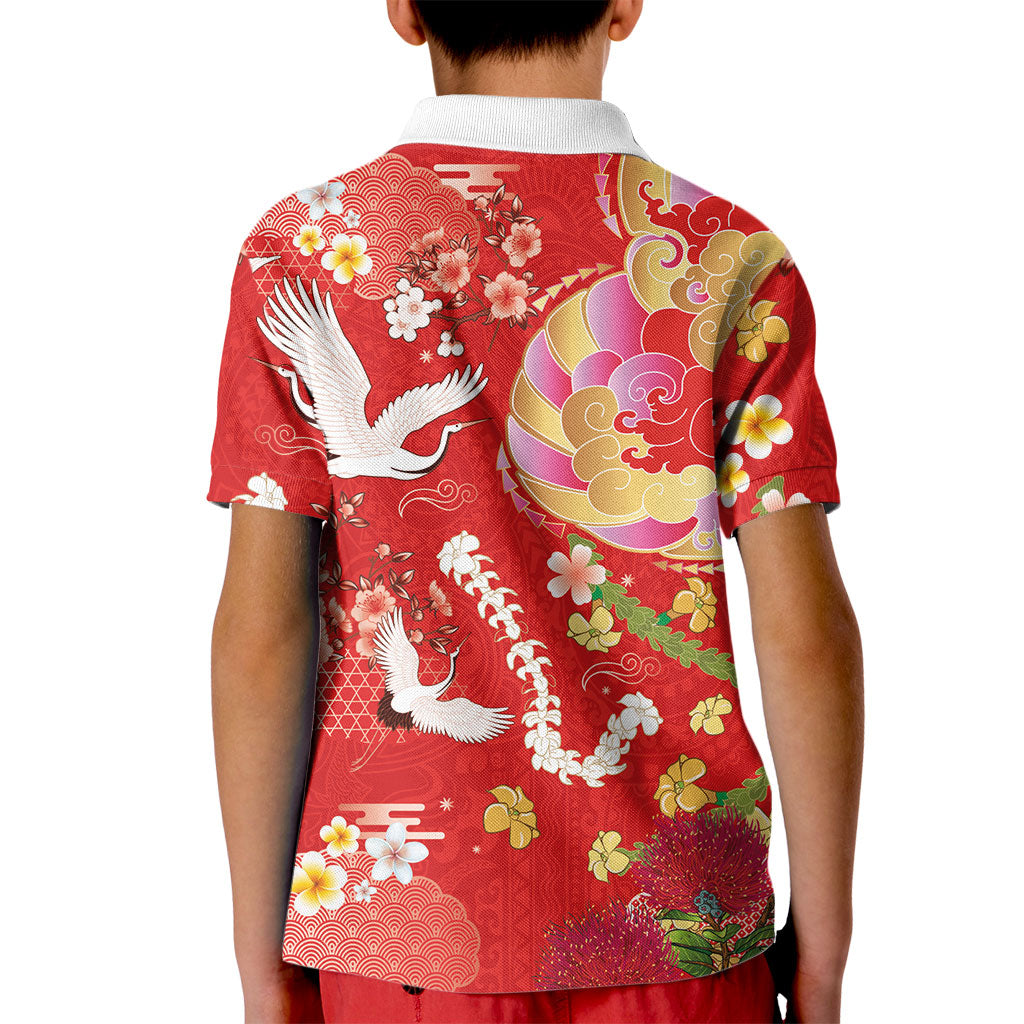 Hawaiian and Japanese Culture Together Kid Polo Shirt Kakau Tribal Pattern and Irezumi Art Red Color