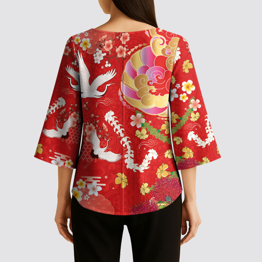 Hawaiian and Japanese Culture Together Kimono Sleeve Blouse Kakau Tribal Pattern and Irezumi Art Red Color