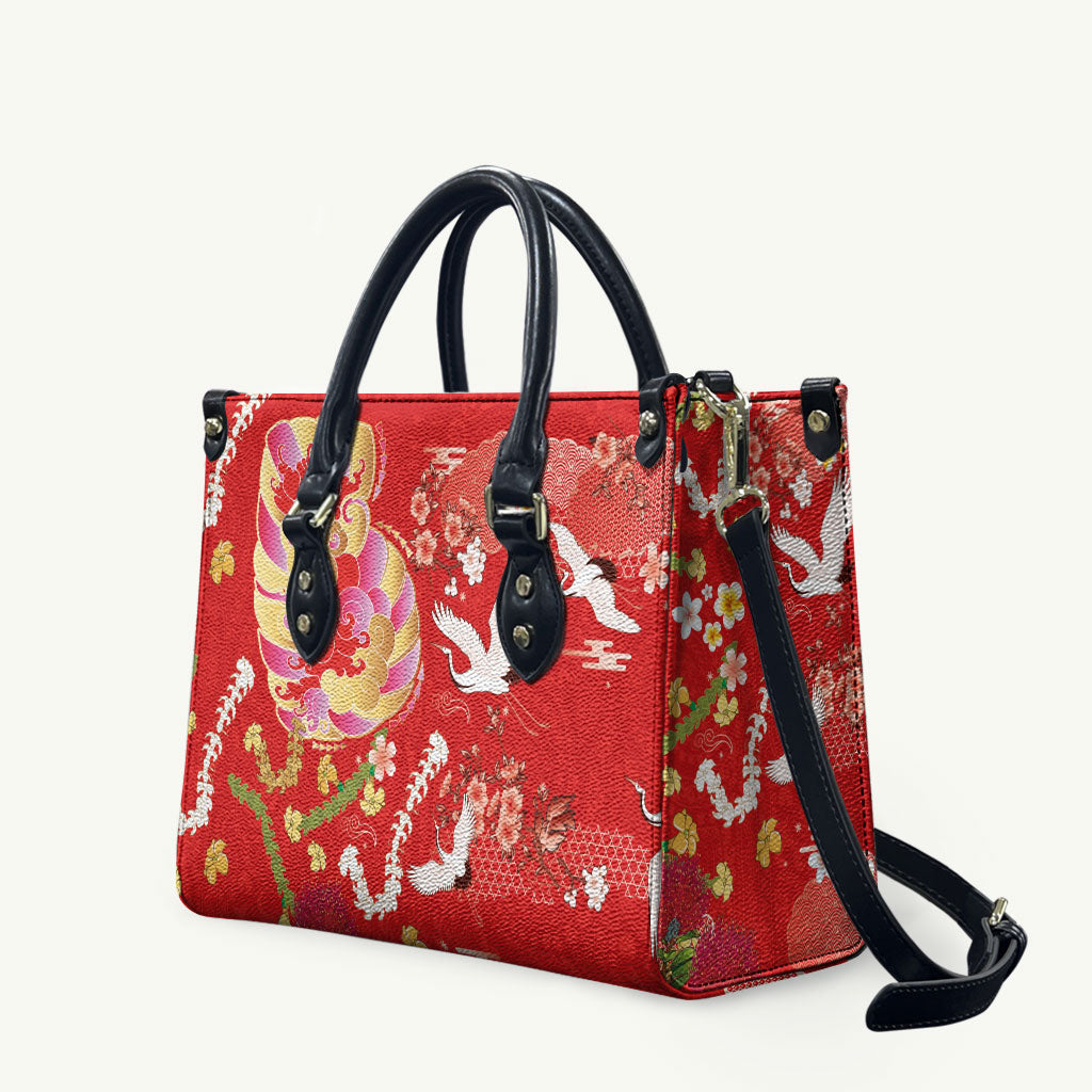 Hawaiian and Japanese Culture Together Leather Bag Kakau Tribal Pattern and Irezumi Art Red Color