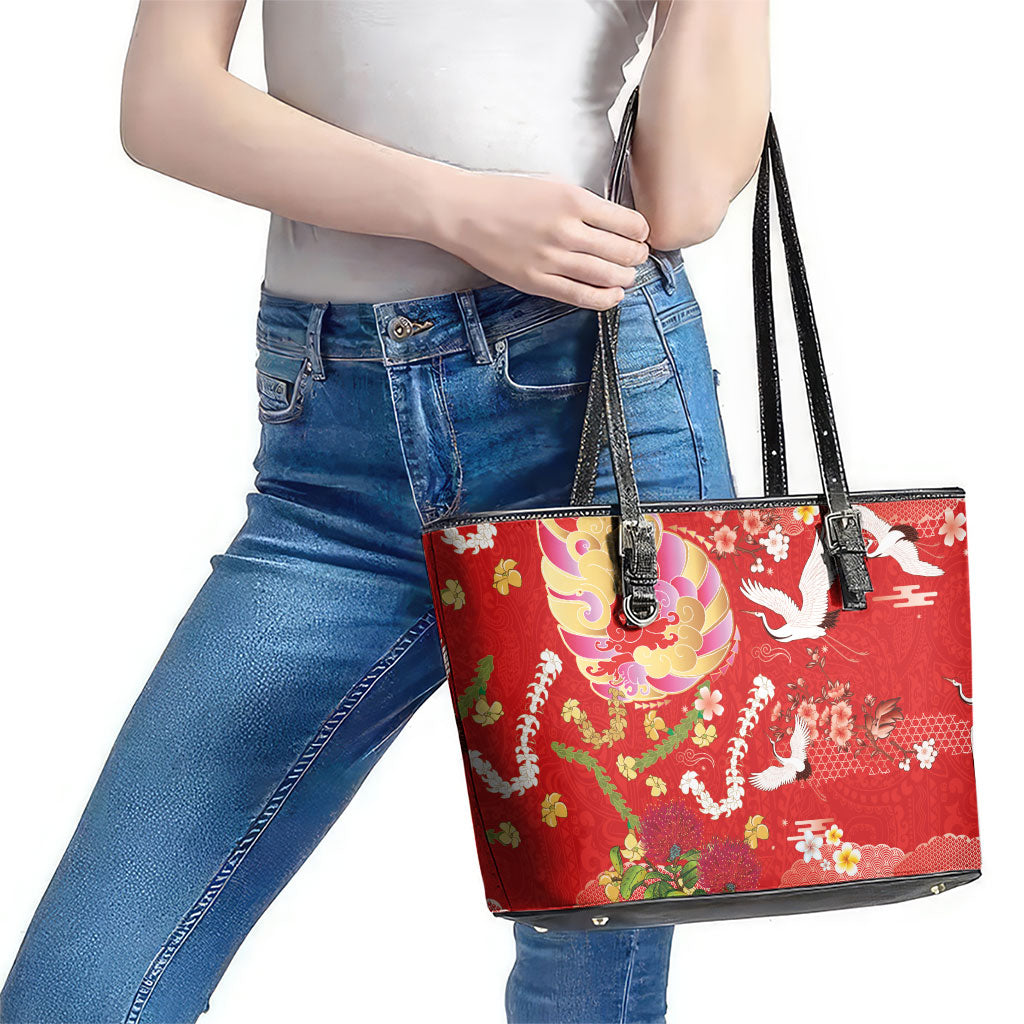 Hawaiian and Japanese Culture Together Leather Tote Bag Kakau Tribal Pattern and Irezumi Art Red Color
