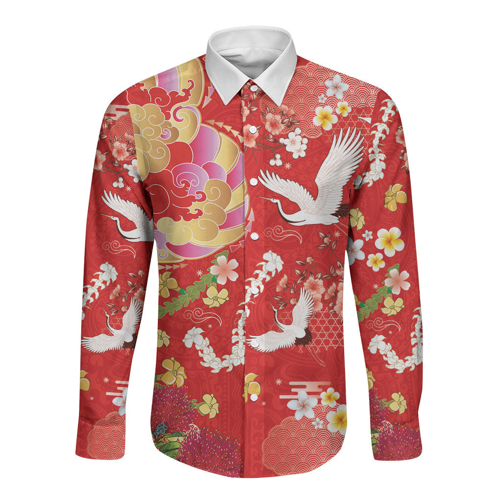Hawaiian and Japanese Culture Together Long Sleeve Button Shirt Kakau Tribal Pattern and Irezumi Art Red Color