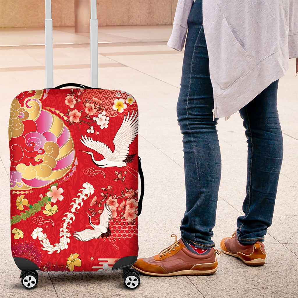 Hawaiian and Japanese Culture Together Luggage Cover Kakau Tribal Pattern and Irezumi Art Red Color