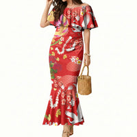 Hawaiian and Japanese Culture Together Mermaid Dress Kakau Tribal Pattern and Irezumi Art Red Color