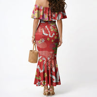 Hawaiian and Japanese Culture Together Mermaid Dress Kakau Tribal Pattern and Irezumi Art Red Color