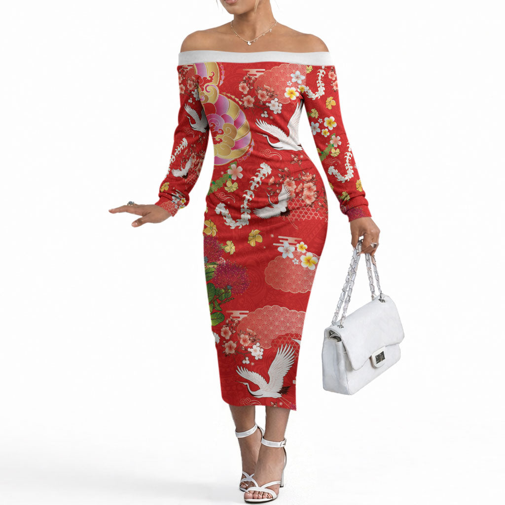 Hawaiian and Japanese Culture Together Off The Shoulder Long Sleeve Dress Kakau Tribal Pattern and Irezumi Art Red Color LT03 Women Red - Polynesian Pride