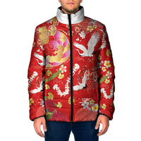 Hawaiian and Japanese Culture Together Padded Jacket Kakau Tribal Pattern and Irezumi Art Red Color