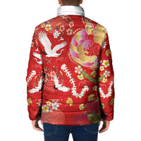 Hawaiian and Japanese Culture Together Padded Jacket Kakau Tribal Pattern and Irezumi Art Red Color