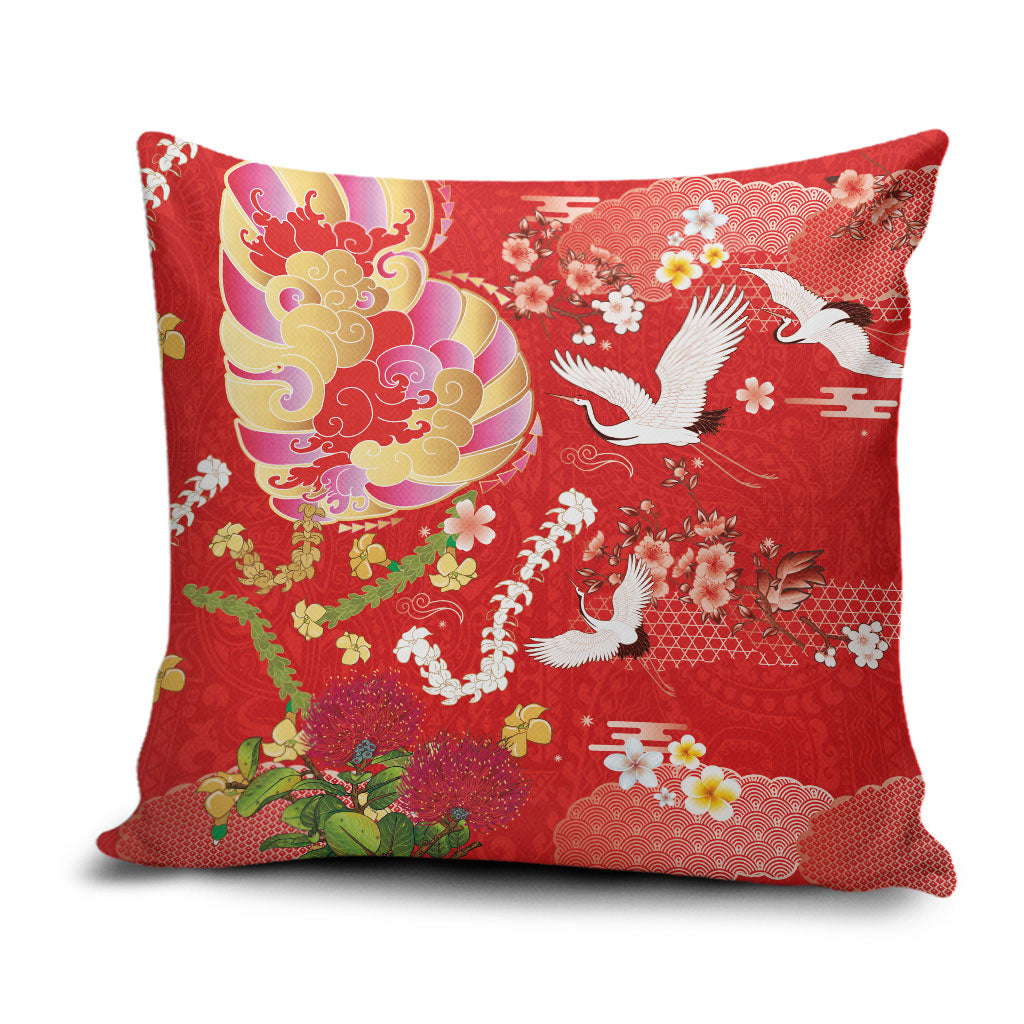 Hawaiian and Japanese Culture Together Pillow Cover Kakau Tribal Pattern and Irezumi Art Red Color