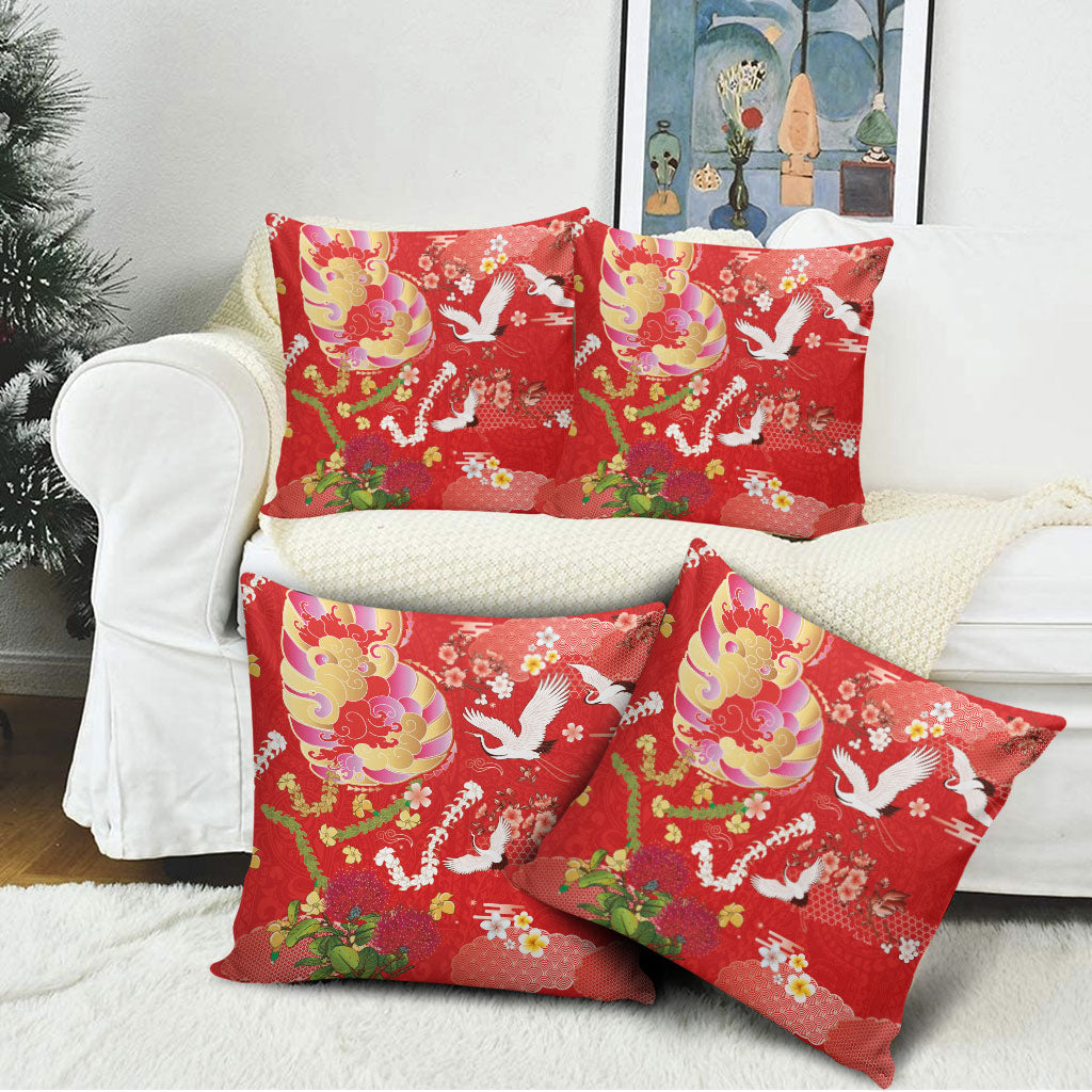 Hawaiian and Japanese Culture Together Pillow Cover Kakau Tribal Pattern and Irezumi Art Red Color