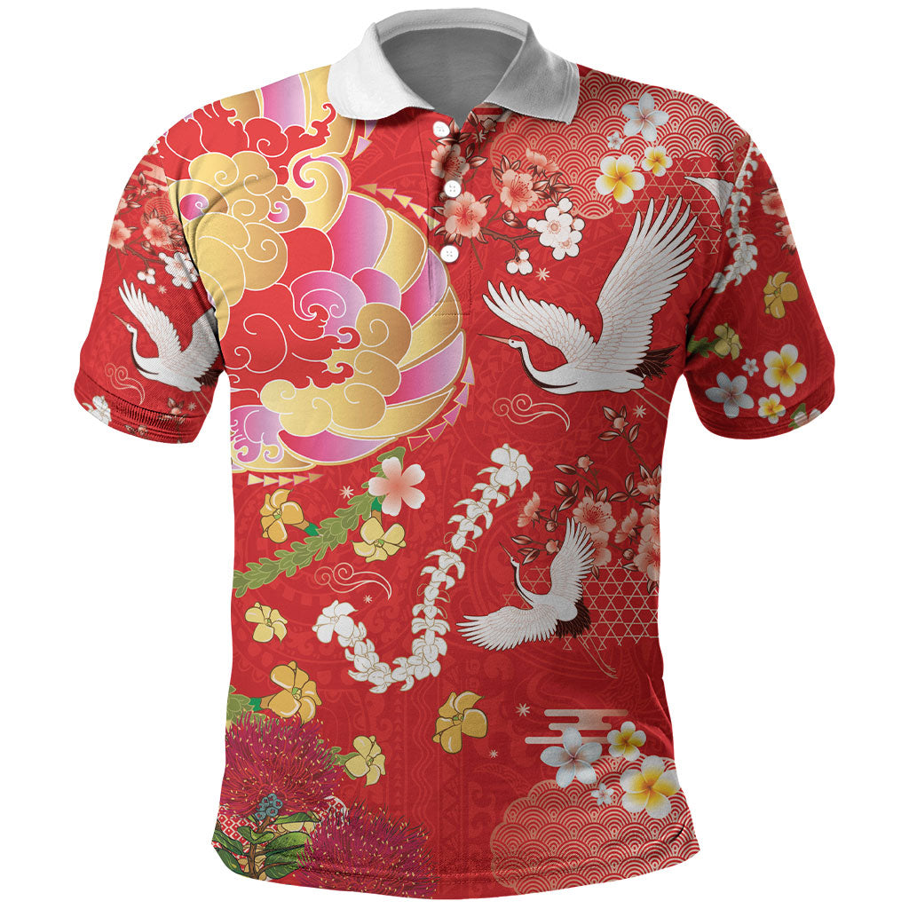 Hawaiian and Japanese Culture Together Polo Shirt Kakau Tribal Pattern and Irezumi Art Red Color