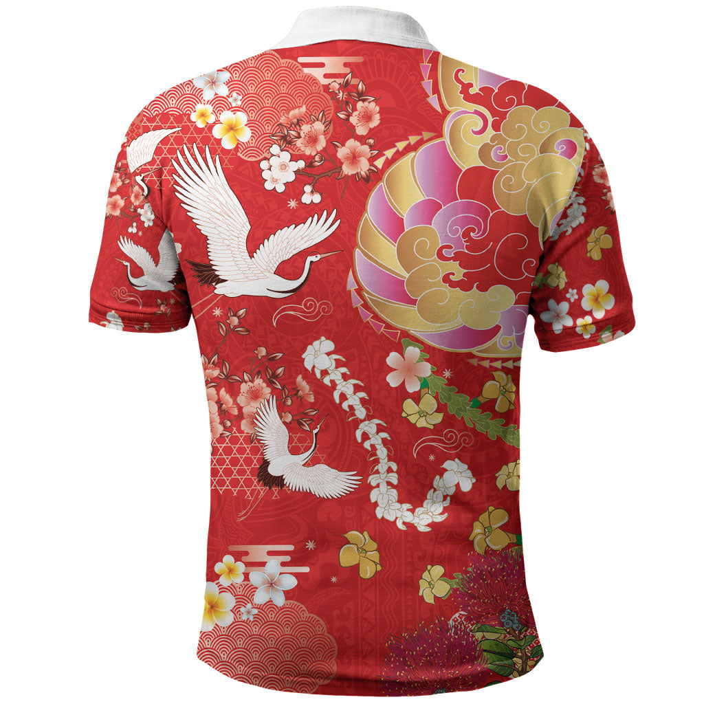 Hawaiian and Japanese Culture Together Polo Shirt Kakau Tribal Pattern and Irezumi Art Red Color