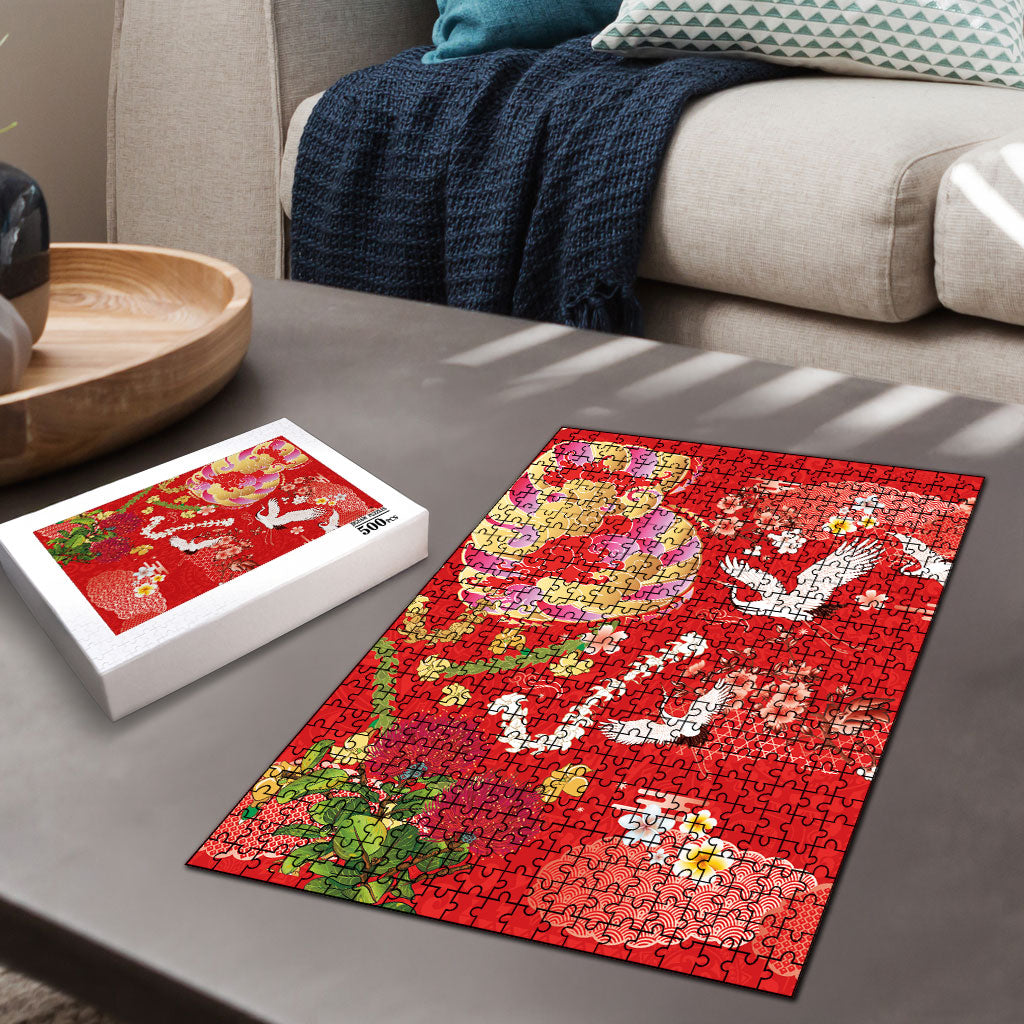 Hawaiian and Japanese Culture Together Puzzle Kakau Tribal Pattern and Irezumi Art Red Color