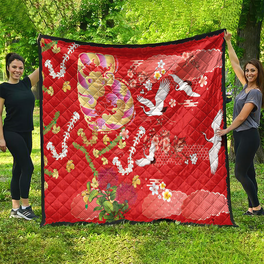 Hawaiian and Japanese Culture Together Quilt Kakau Tribal Pattern and Irezumi Art Red Color
