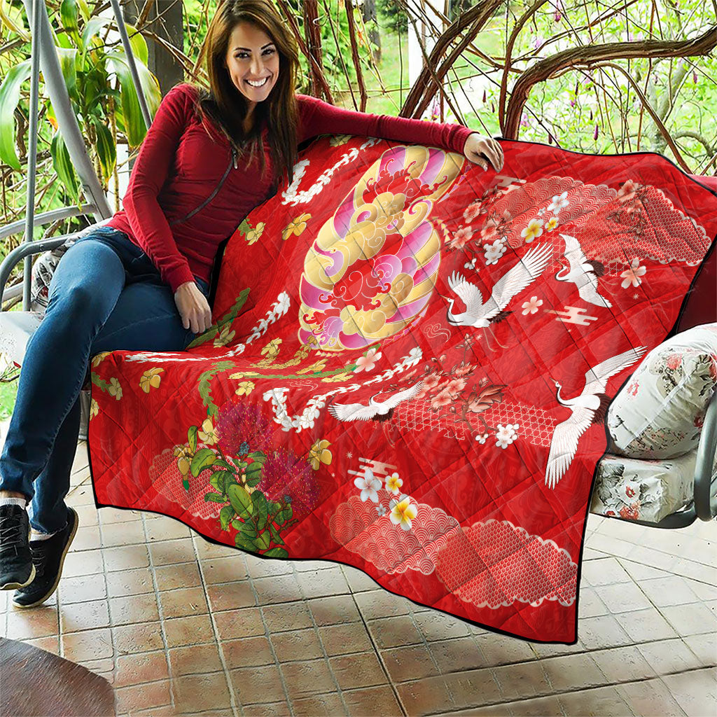 Hawaiian and Japanese Culture Together Quilt Kakau Tribal Pattern and Irezumi Art Red Color