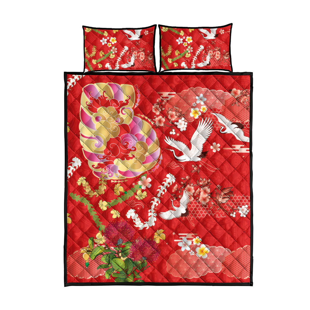 Hawaiian and Japanese Culture Together Quilt Bed Set Kakau Tribal Pattern and Irezumi Art Red Color