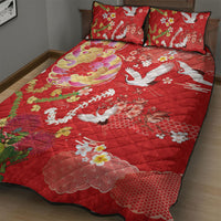 Hawaiian and Japanese Culture Together Quilt Bed Set Kakau Tribal Pattern and Irezumi Art Red Color