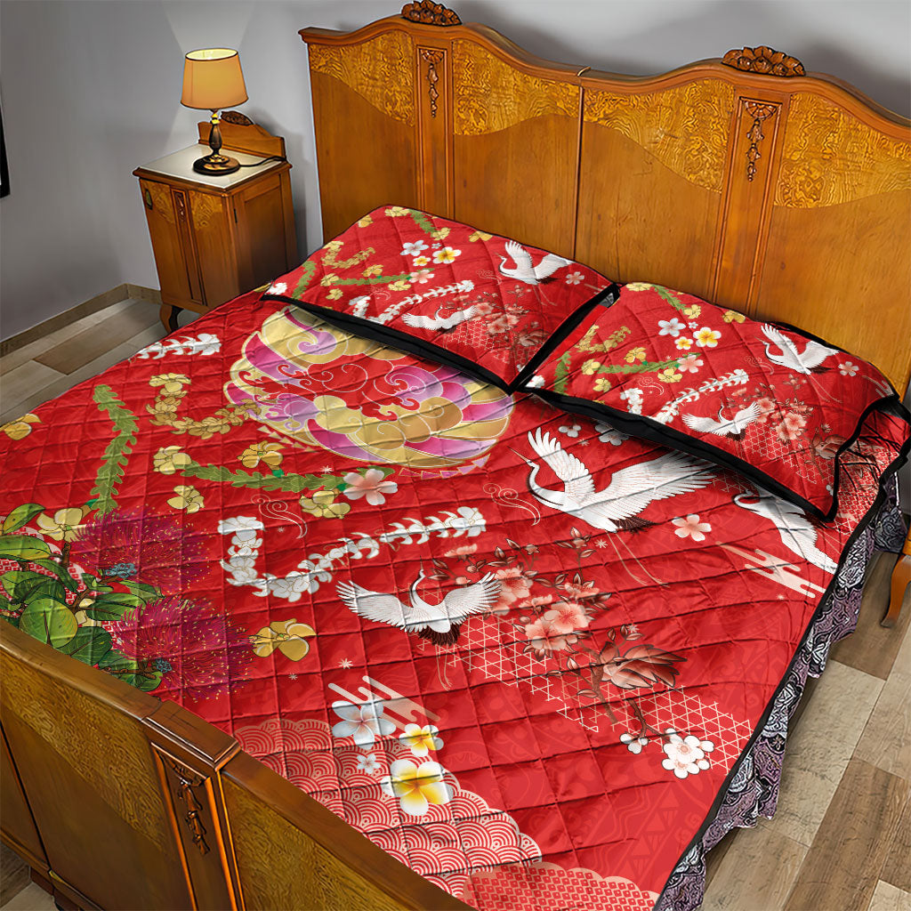 Hawaiian and Japanese Culture Together Quilt Bed Set Kakau Tribal Pattern and Irezumi Art Red Color