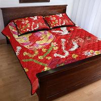 Hawaiian and Japanese Culture Together Quilt Bed Set Kakau Tribal Pattern and Irezumi Art Red Color