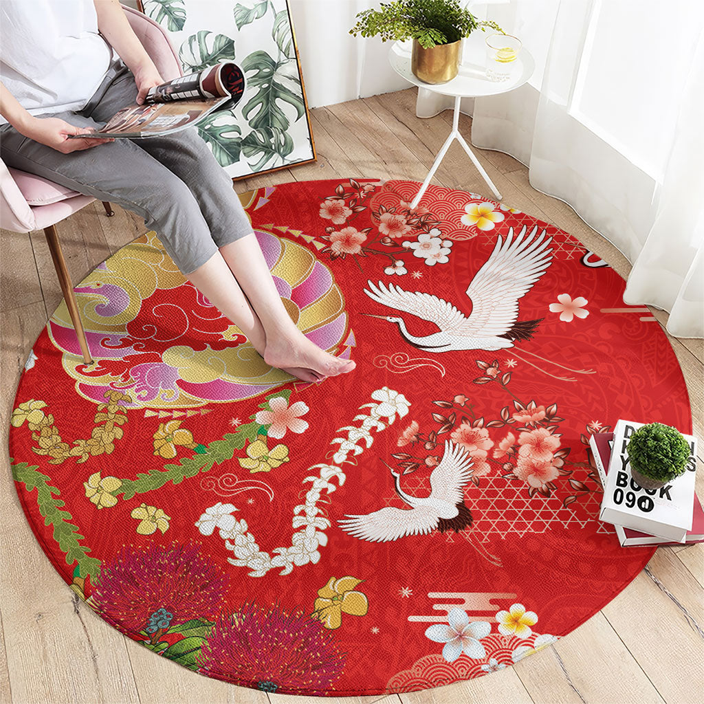 Hawaiian and Japanese Culture Together Round Carpet Kakau Tribal Pattern and Irezumi Art Red Color