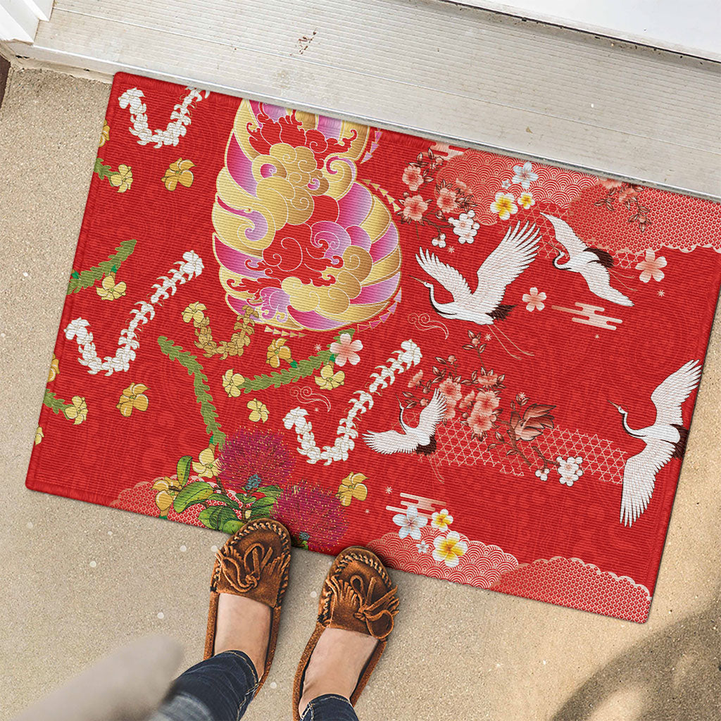 Hawaiian and Japanese Culture Together Rubber Doormat Kakau Tribal Pattern and Irezumi Art Red Color