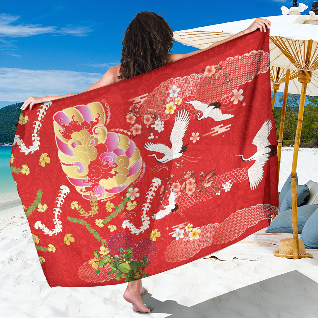 Hawaiian and Japanese Culture Together Sarong Kakau Tribal Pattern and Irezumi Art Red Color
